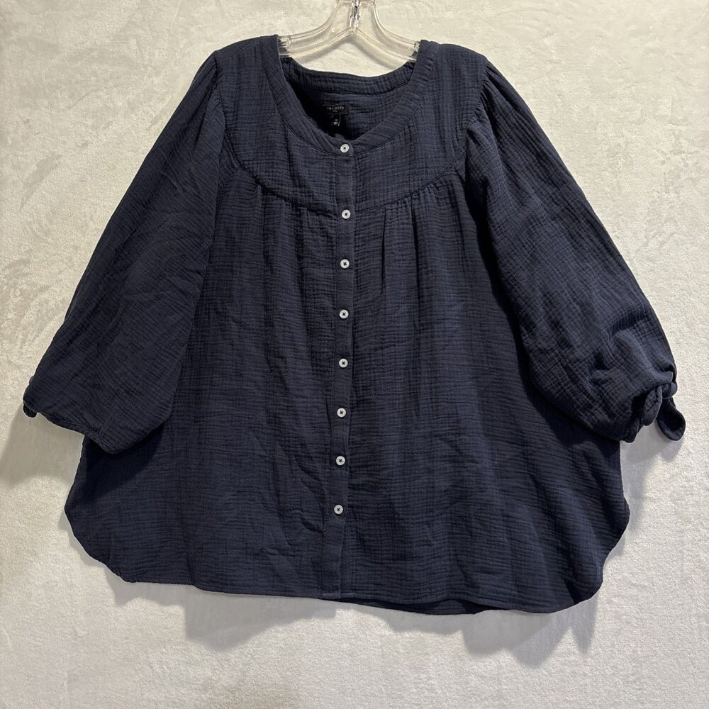 Talbots Plus Navy Blue Cotton Double Gauze Button Front Tie Sleeve Top Womens 3X
